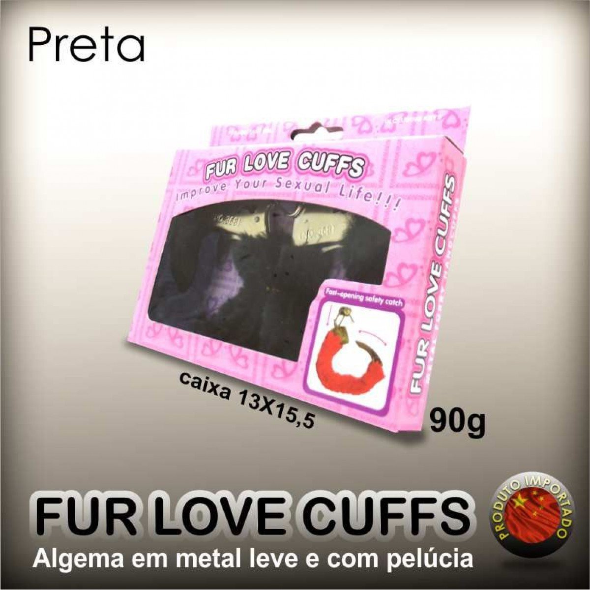 ALGEMA DE METAL COM PELUCIA (60GR) LOVE CUFFS PRETA - Chamas do Prazer Sex Shop