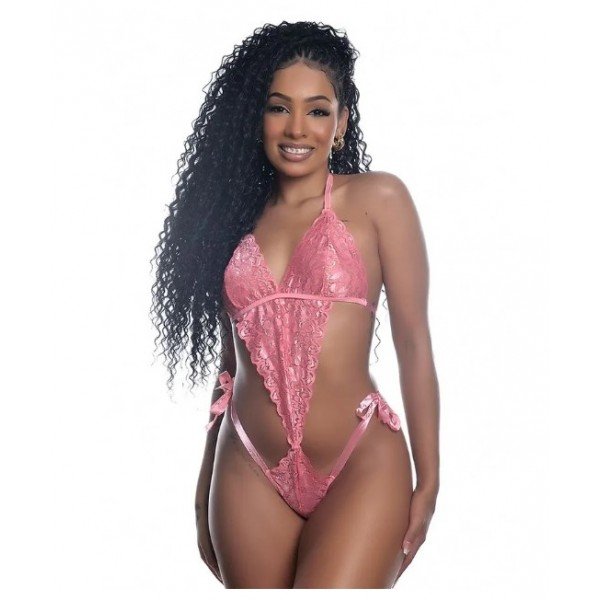 Body Sexy em Renda com Fita Hot Love - Salmão - M 