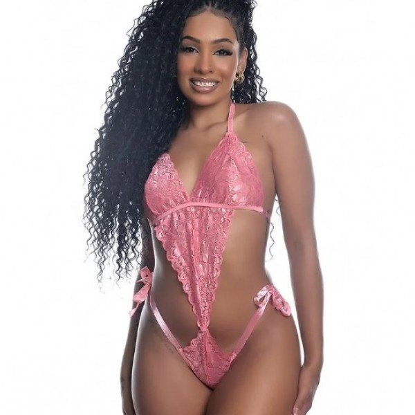 Body Sexy em Renda com Fita Hot Love - Salmão - M 