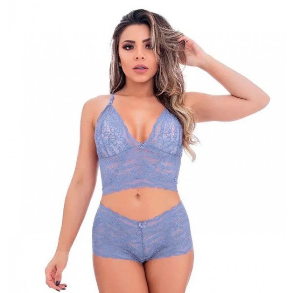 Conjunto Caleçon em Renda sem Bojo Jô Lingerie - Azul Claro - M