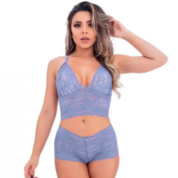 Conjunto Caleçon em Renda sem Bojo Jô Lingerie - Azul Claro - M