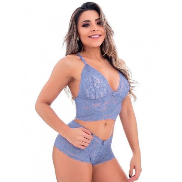 Conjunto Caleçon em Renda sem Bojo Jô Lingerie - Azul Claro - G