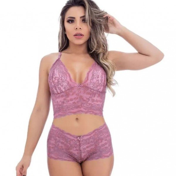 Conjunto Caleçon em Renda sem Bojo Jô Lingerie - Rose - M