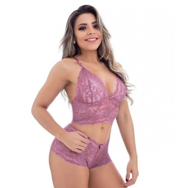 Conjunto Caleçon em Renda sem Bojo Jô Lingerie - Rose - G