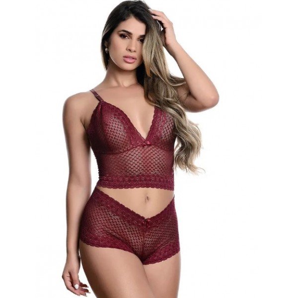 Conjunto Caleçon em Renda sem Bojo Jô Lingerie - Vinho - M