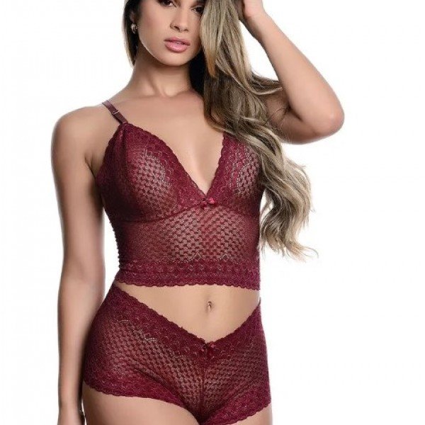 Conjunto Caleçon em Renda sem Bojo Jô Lingerie - Vinho - M