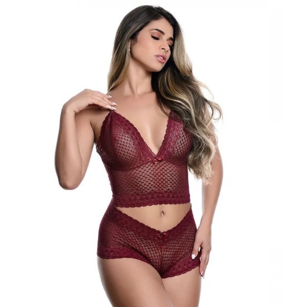 Conjunto Caleçon em Renda sem Bojo Jô Lingerie - Vinho - G Conjunto Caleçon em Renda sem Bojo Jô Lingerie - Vinho - G