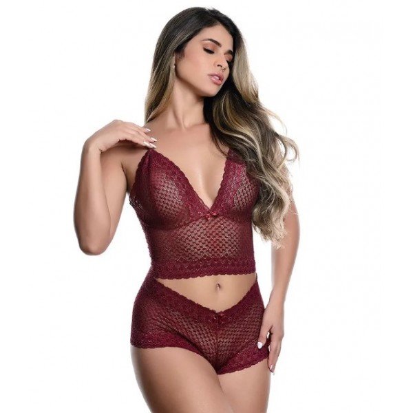 Conjunto Caleçon em Renda sem Bojo Jô Lingerie - Vinho - G