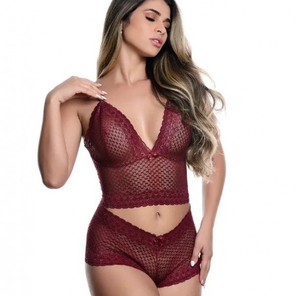 Conjunto Caleçon em Renda sem Bojo Jô Lingerie - Vinho - G