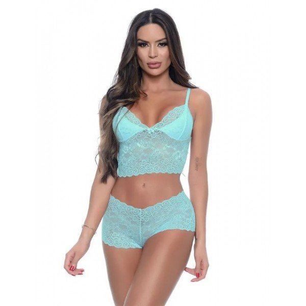 Conjunto Cropped e Calesson em Renda Sem Bojo Hot Love - Verde Água - G
