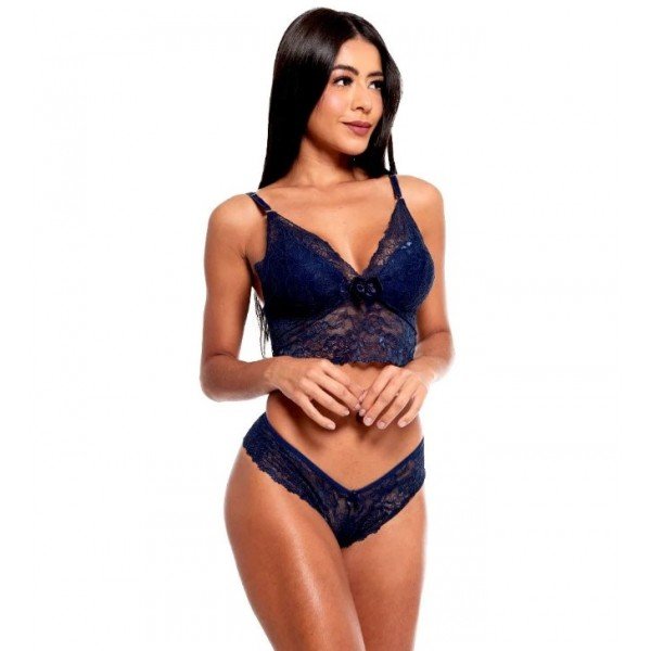 Conjunto Cropped Fio Dental Rendado Sensual Love - Azul Marinho - M