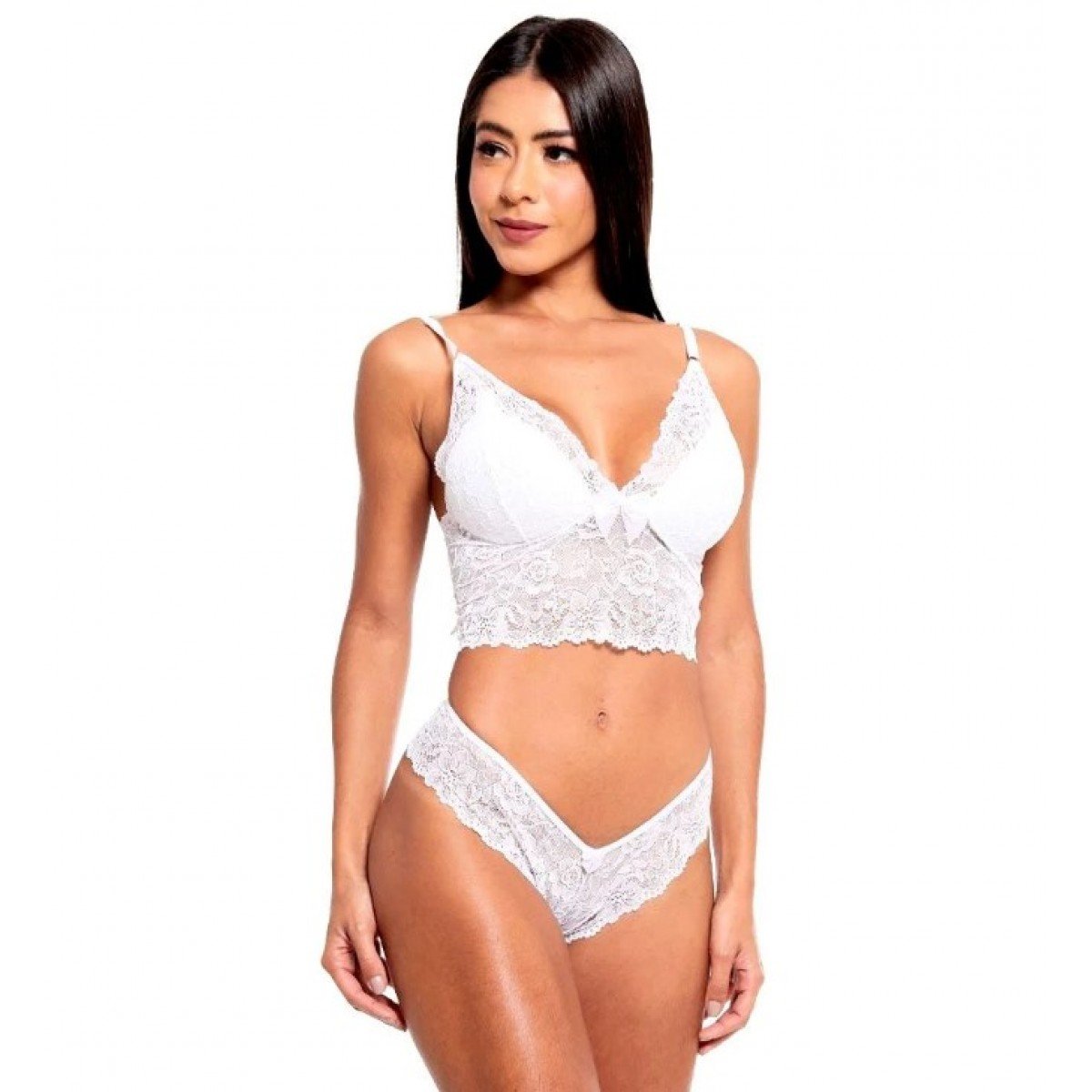 Conjunto Cropped Fio Dental Rendado Sensual Love - Branco - M Conjunto Cropped Fio Dental Rendado Sensual Love - Branco - M