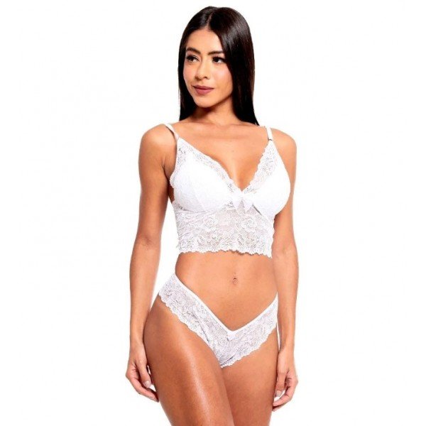 Conjunto Cropped Fio Dental Rendado Sensual Love - Branco - M