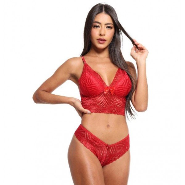 Conjunto Cropped Fio Dental Rendado Sensual Love - Vermelho - GG