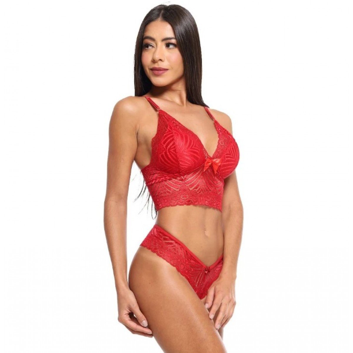 Conjunto Cropped Fio Dental Rendado Sensual Love - Vermelho - GG