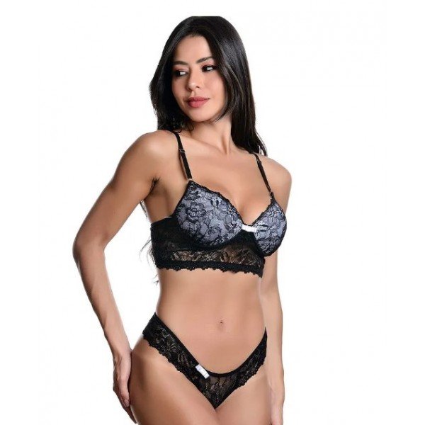 Conjunto Fio Rendado com Bojo Dira's Lingerie - Preto com Branco - G