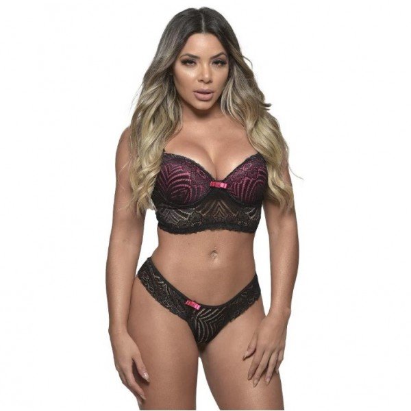 Conjunto 1/2 Taça Composê Rendado Fio Dental Diras - PRETO - GG