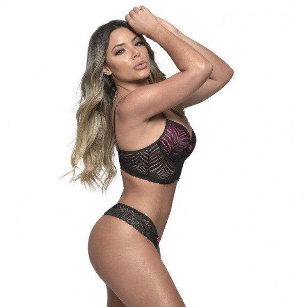 Conjunto 1/2 Taça Composê Rendado Fio Dental Diras - PRETO - M