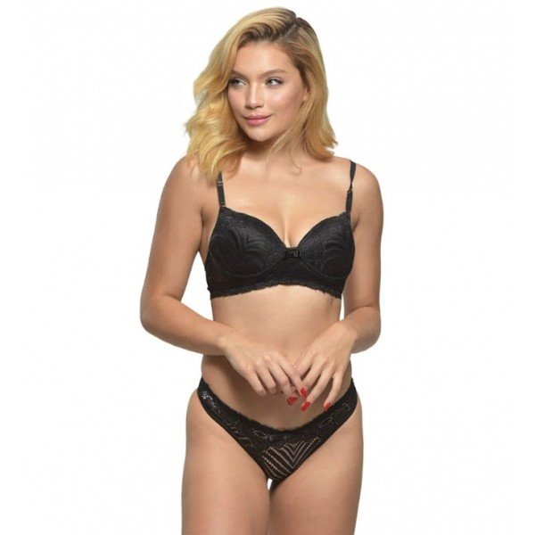 Conjunto 1/2 Taça Rendado Com Bojo Tanga Diras - Preto - M