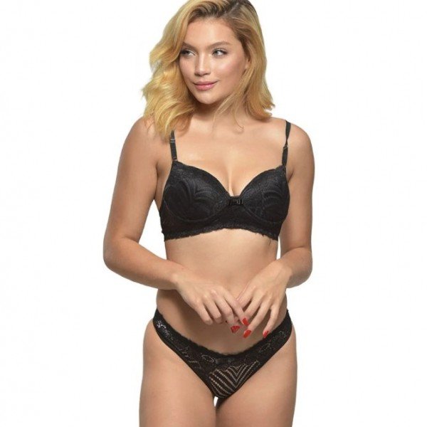 Conjunto 1/2 Taça Rendado Com Bojo Tanga Diras - Preto - M