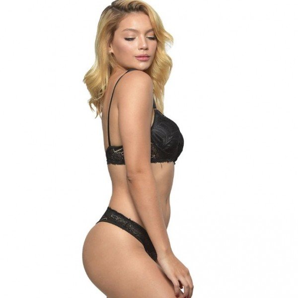 Conjunto 1/2 Taça Rendado Com Bojo Tanga Diras - Preto - M