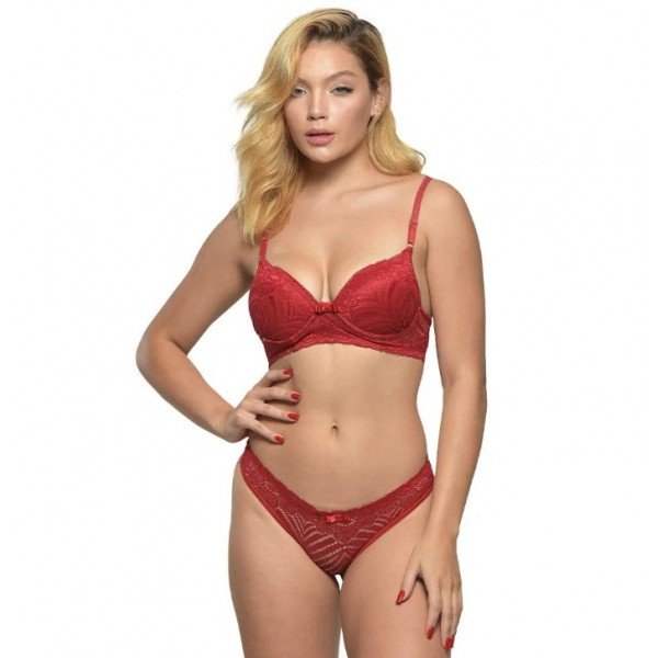 Conjunto 1/2 Taça Rendado Com Bojo Tanga Diras - Vermelho - GG