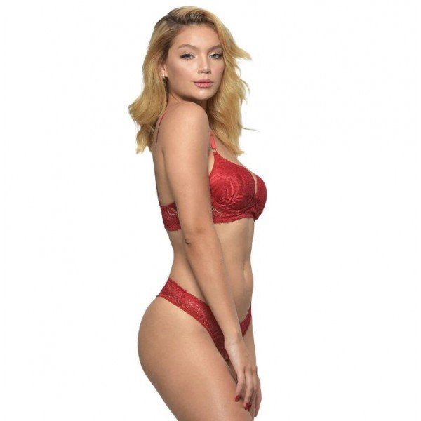 Conjunto 1/2 Taça Rendado Com Bojo Tanga Diras - Vermelho - GG