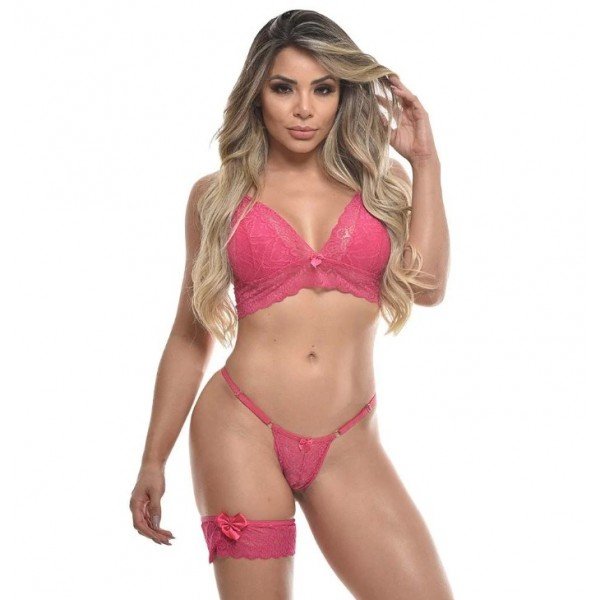 Conjunto Top Rendado Com Persex Sensual Love - Pink M