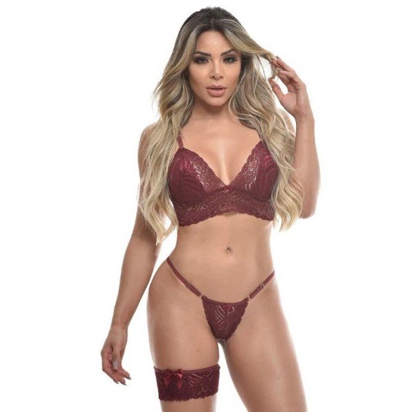 Conjunto Top Rendado Com Persex Sensual Love - Vinho GG 