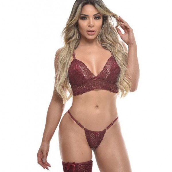 Conjunto Top Rendado Com Persex Sensual Love - Vinho GG 