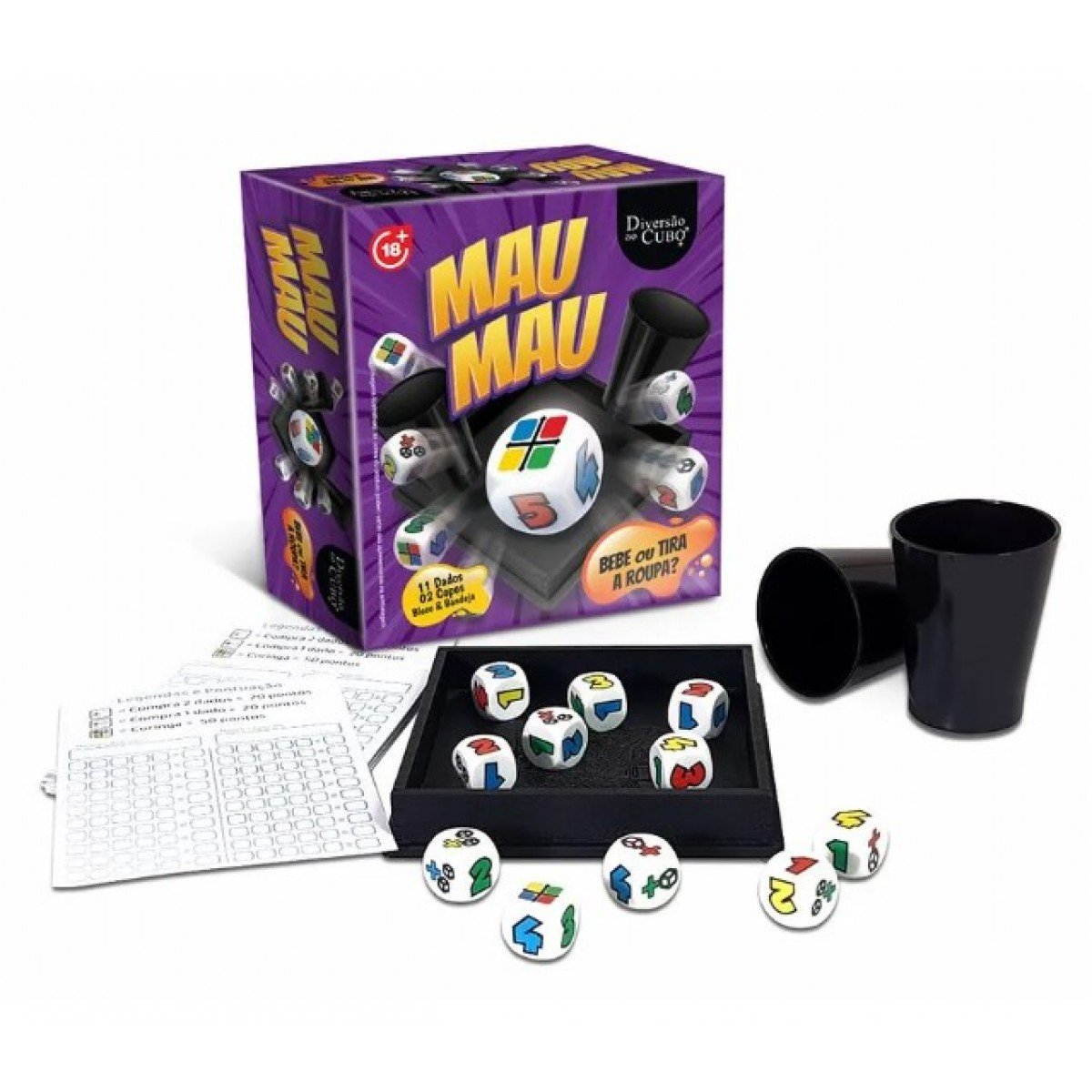Jogo Mau Mau com 11 Dados e 02 Copos Diversão ao Cubo