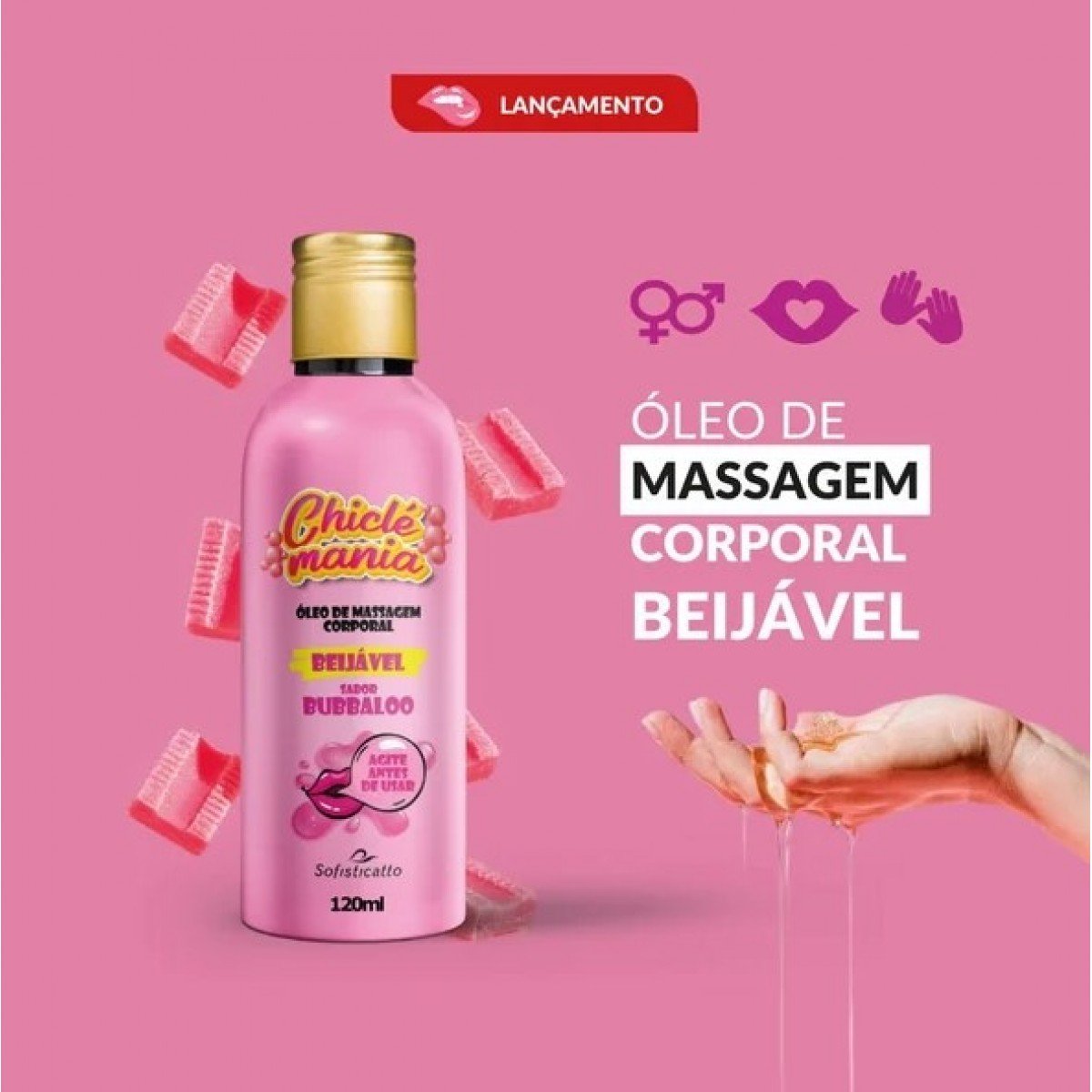 Óleo De Massagem Corporal Beijável 120Ml - Chiclé Mania - Sofisticatto Óleo De Massagem Corporal Beijável 120Ml - Chiclé Mania - Sofisticatto
