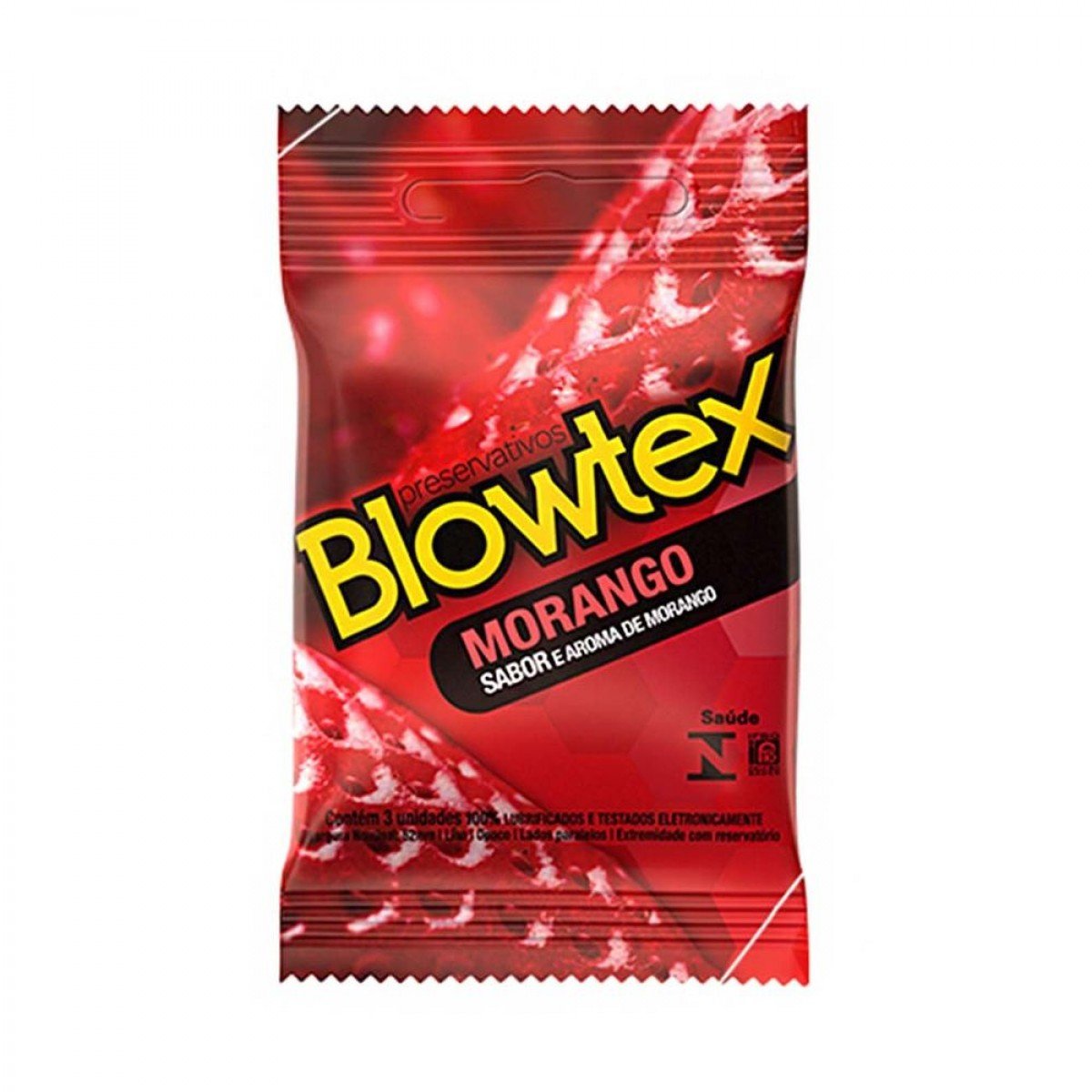 PRESERVATIVO COM SABOR E AROMA BLOWTEX - MORANGO - Chamas do Prazer Sex Shop